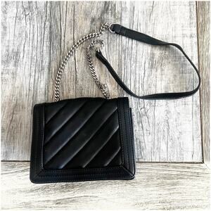 French Connection Quilted Square Shoulder Bag Chain Strap Sm Black Faux Leather